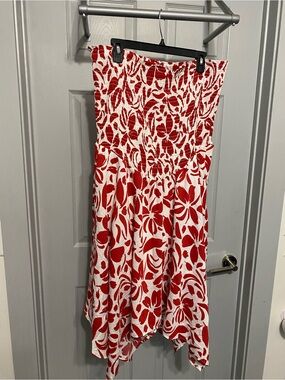 Red and White Floral Smocked Midi Dress